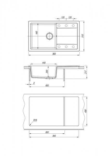 Мойка кухонная из литьевого мрамора Dr. Gans ТЕХНО 860 25.030.D0860.407 86*51 см. черный