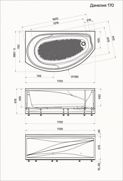 Ванна акриловая 1Marka DAMELIA 01дам1710п 170x100 см. правая 