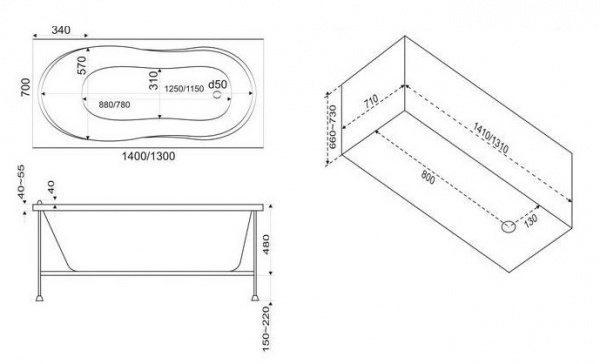 Ванна акриловая BAS ЛИМА ВС 00007 130x70 см. 