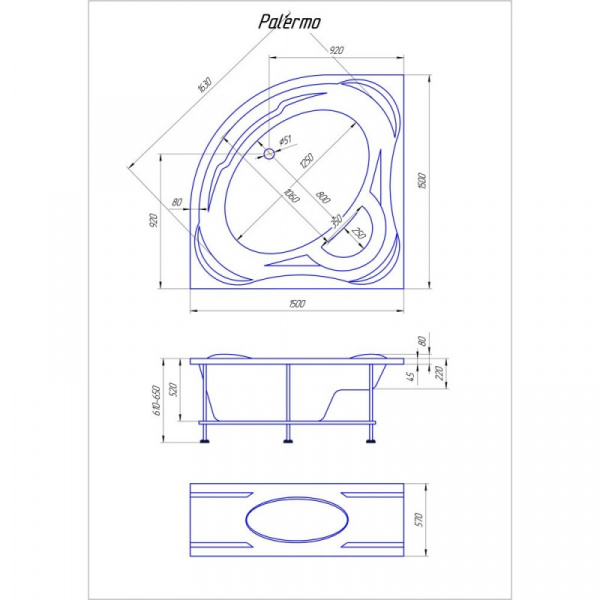 Ванна акриловая 1Marka PALERMO 01па1515 150x150 см. 