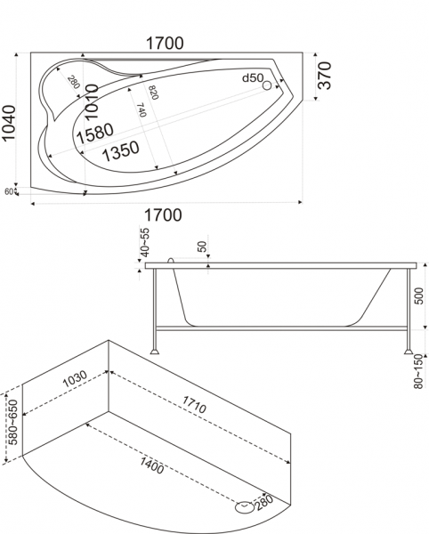 Ванна акриловая BAS НИКОЛЬ В 00028 170x102 см. правая 